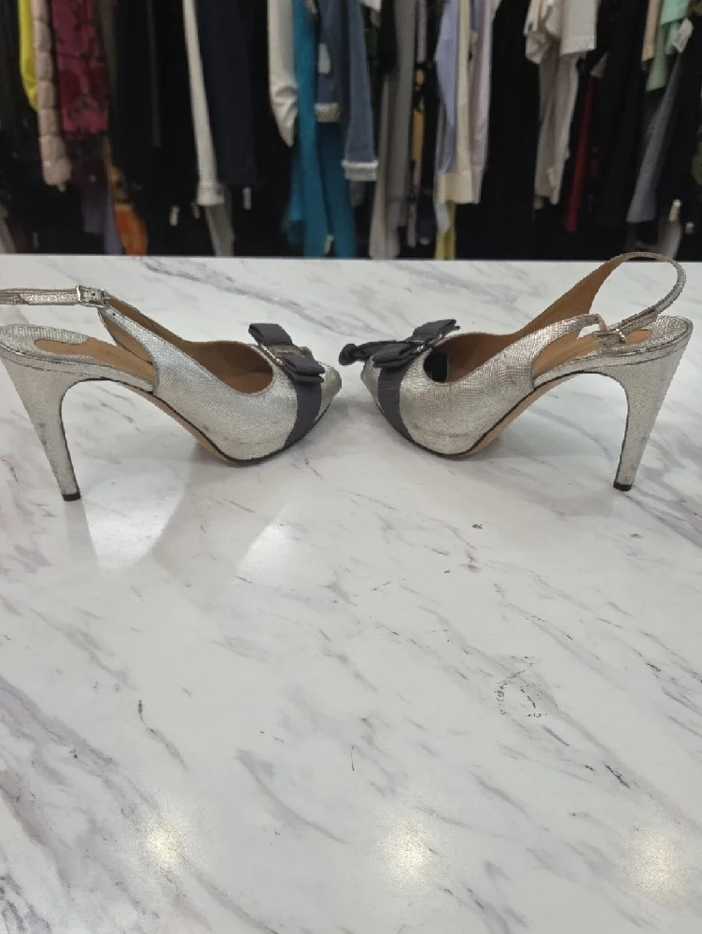 Salvatore Ferragamo Silver Slingback Peep-Toe Heels with Dark Bow